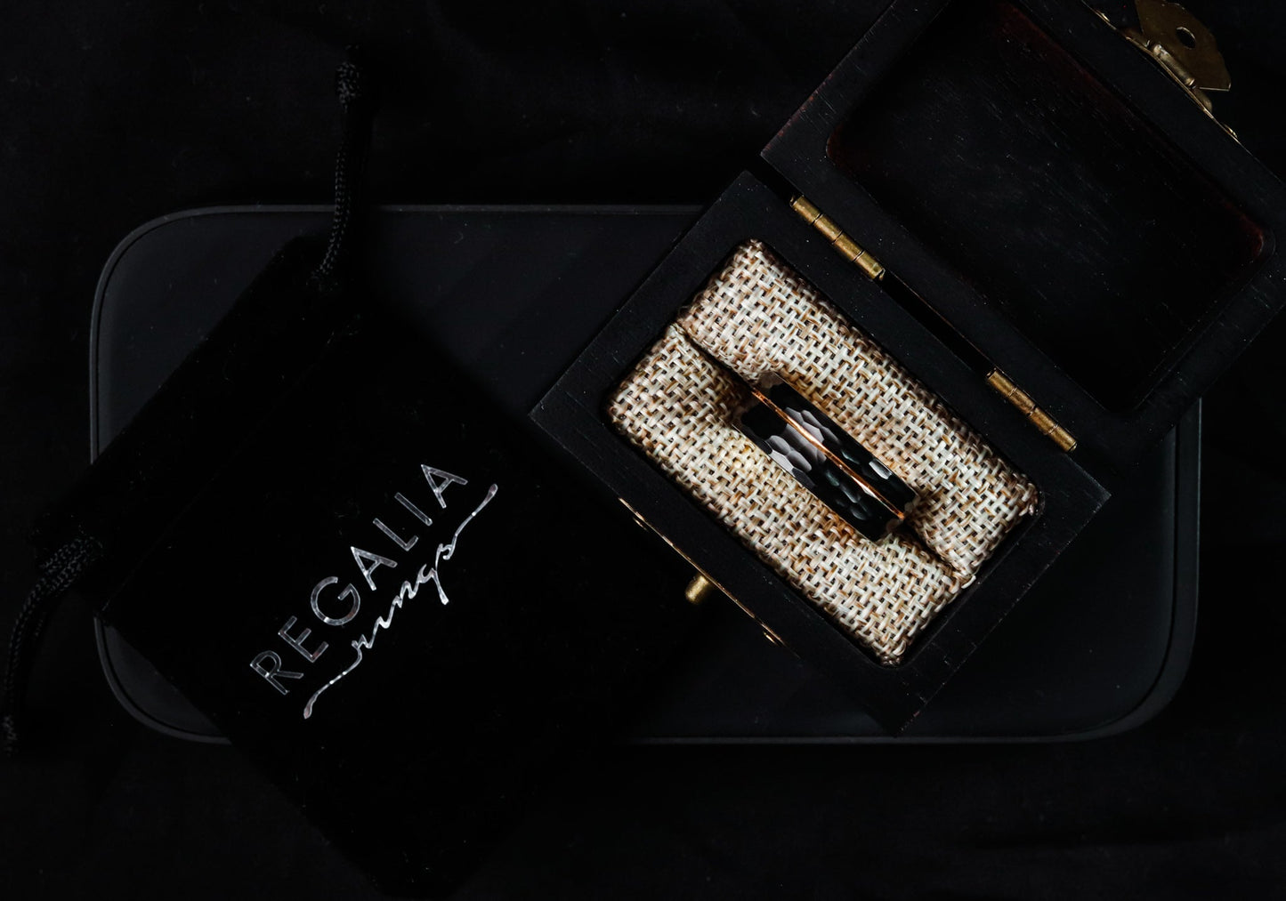 The Canopus: Hammered Black Tungsten with Rose Gold Core - Jewelry image 5