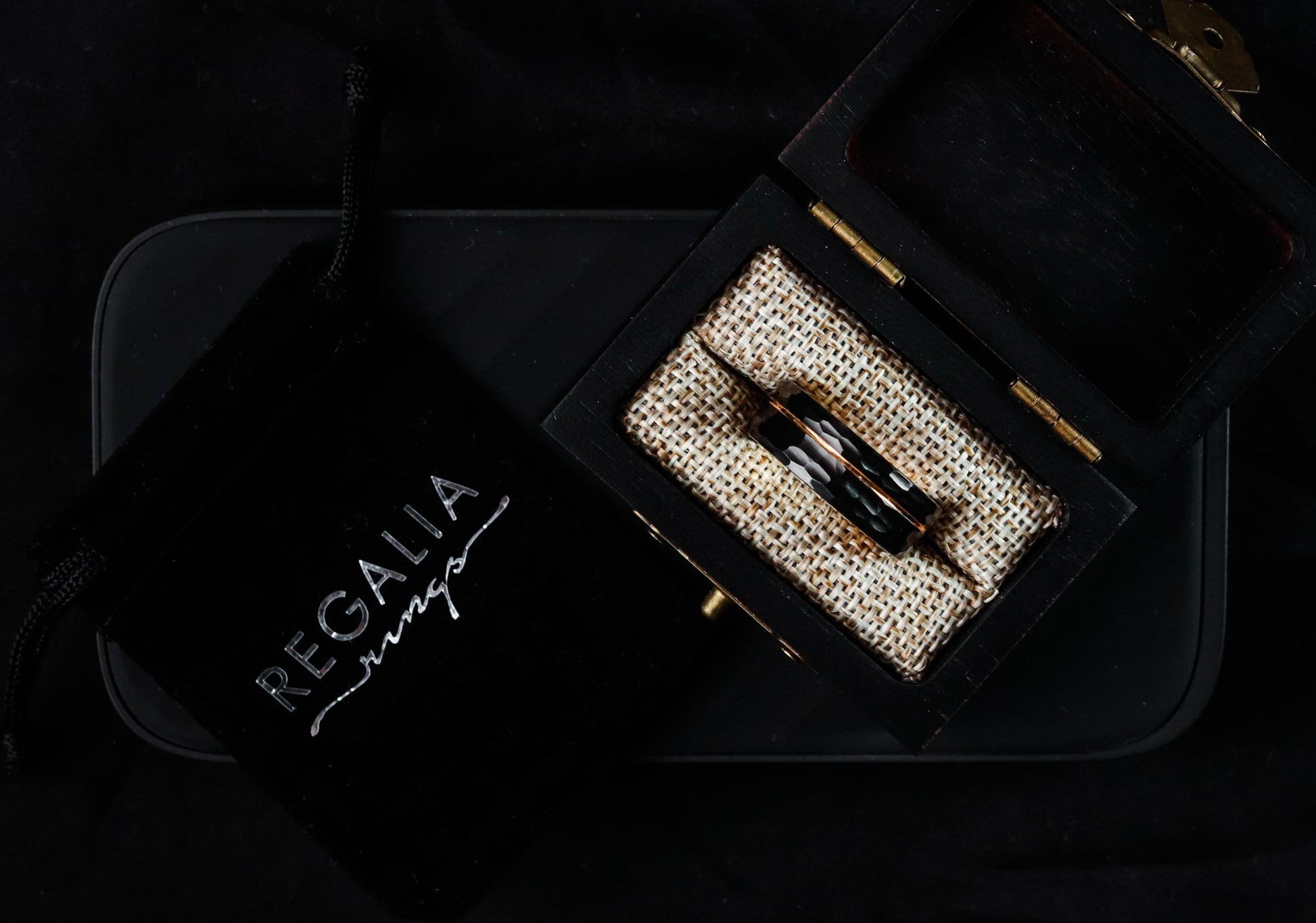 The Canopus: Hammered Black Tungsten with Rose Gold Core - Jewelry image 5