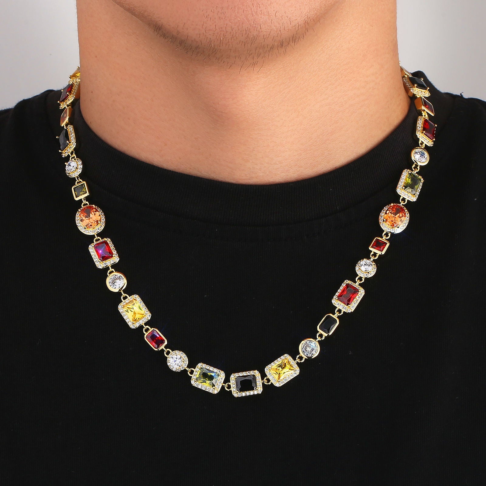 USA Stock Gorgeous Mixed Gemstone Tennis Chain 5A CZ Gem 18K Gold Plated Vintage Multi Colored Jewelry Necklace For Women Men - Jewelry image 1