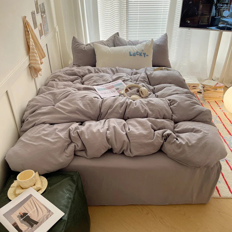 Solid INS Style Bedding Set For adults kids pink cotton fitted Flat Sheet With Pillowcases Colorful King Queen Full size - Bedding image 18
