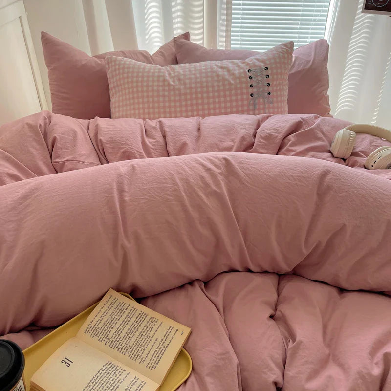 Solid INS Style Bedding Set For adults kids pink cotton fitted Flat Sheet With Pillowcases Colorful King Queen Full size - Bedding image 5