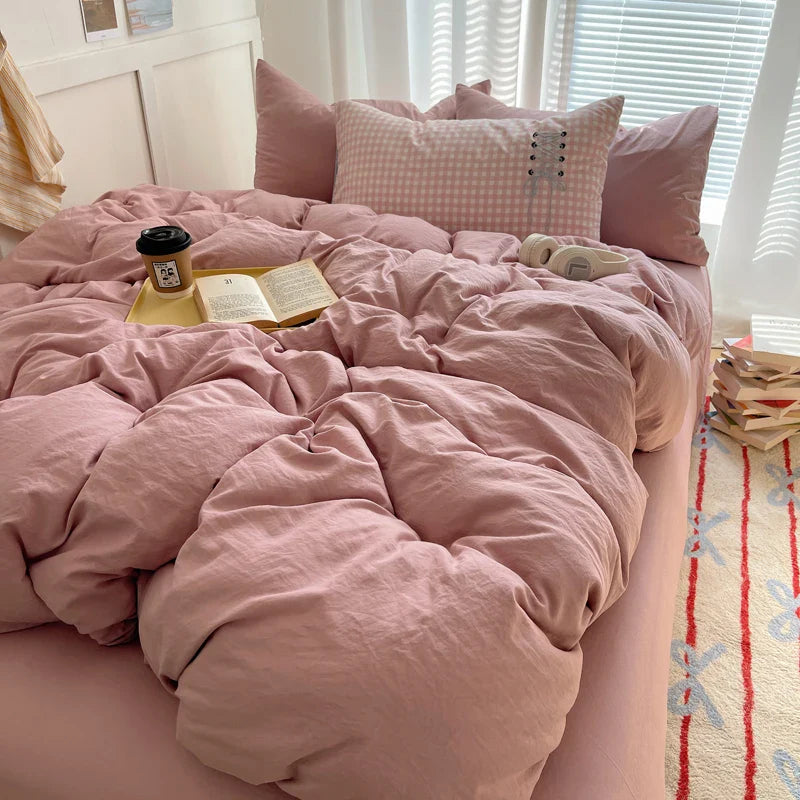 Solid INS Style Bedding Set For adults kids pink cotton fitted Flat Sheet With Pillowcases Colorful King Queen Full size - Bedding image 3