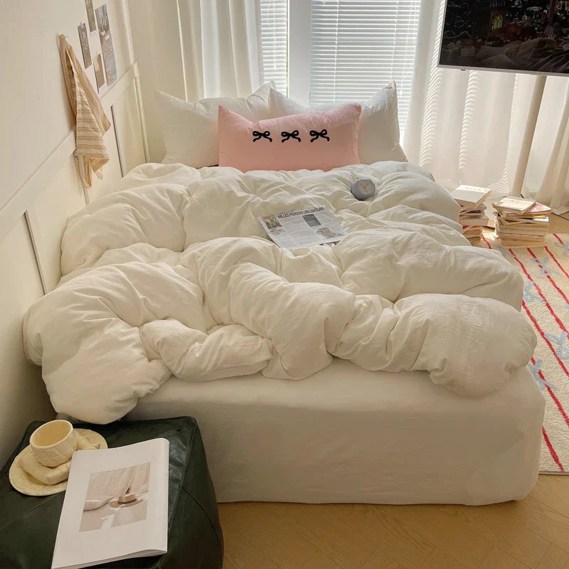 Solid INS Style Bedding Set For adults kids pink cotton fitted Flat Sheet With Pillowcases Colorful King Queen Full size - Bedding image 12
