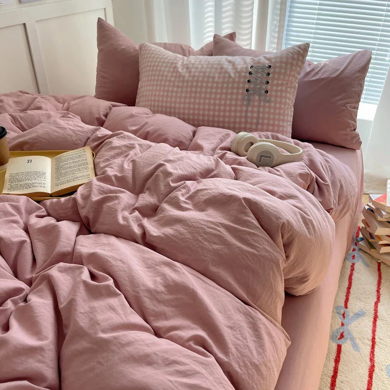 Solid INS Style Bedding Set For adults kids pink cotton fitted Flat Sheet With Pillowcases Colorful King Queen Full size - Bedding image 2