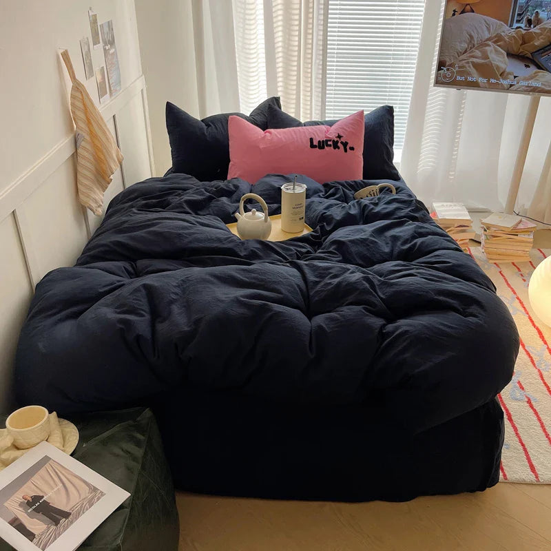 Solid INS Style Bedding Set For adults kids pink cotton fitted Flat Sheet With Pillowcases Colorful King Queen Full size - Bedding image 7