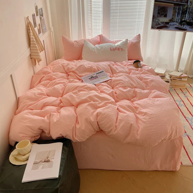 Solid INS Style Bedding Set For adults kids pink cotton fitted Flat Sheet With Pillowcases Colorful King Queen Full size - Bedding image 15