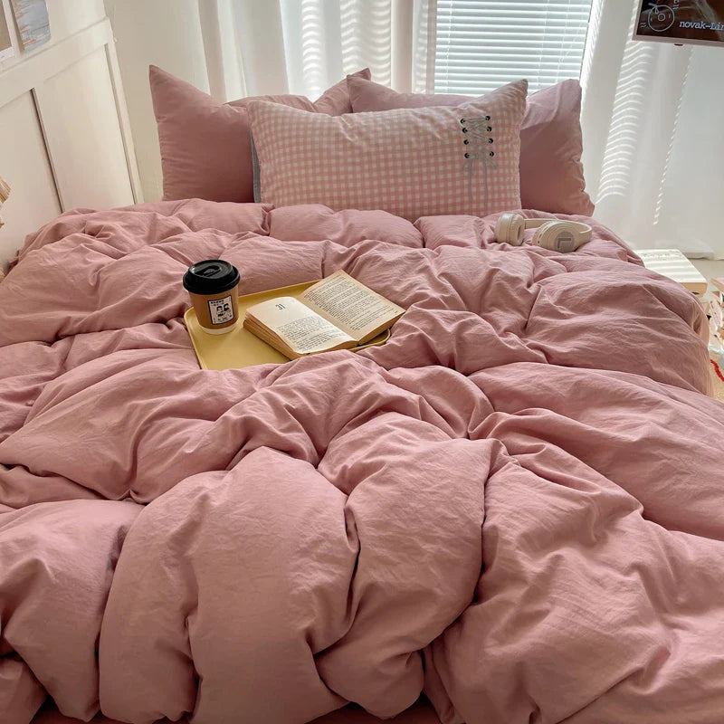 Solid INS Style Bedding Set For adults kids pink cotton fitted Flat Sheet With Pillowcases Colorful King Queen Full size - Bedding image 4