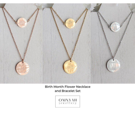 Birth Month Flower Pendant Necklace & Bracelet Set (Style 1) - Jewelry image 1