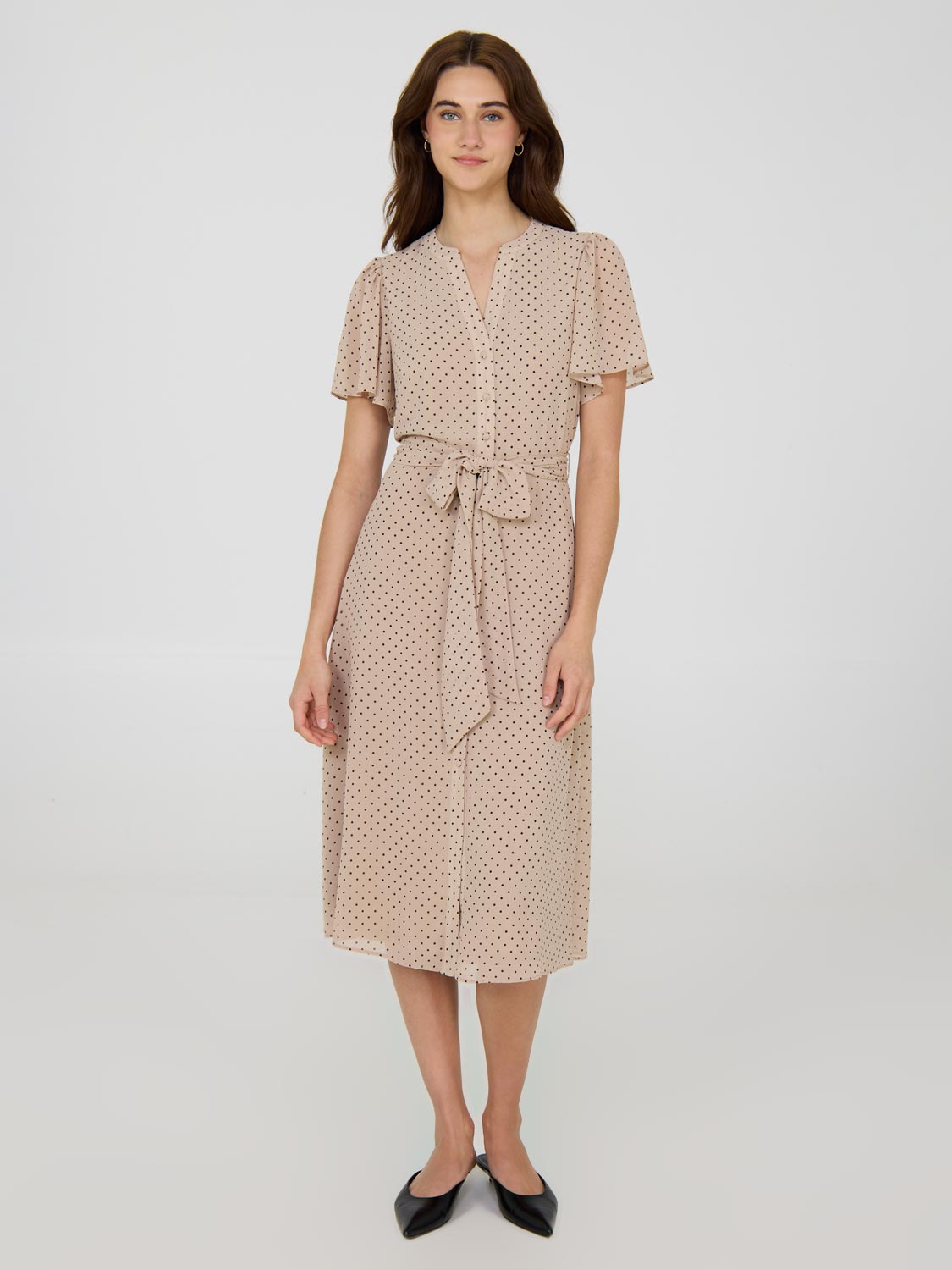 Polka Dot Split Neck Chiffon Midi Dress - Dresses image 2