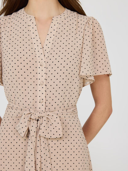 Polka Dot Split Neck Chiffon Midi Dress - Dresses image 3