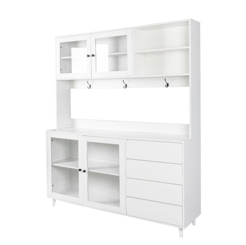 63W Large Kitchen Hutch Cabinet, Freestanding Pantry Cabinets Storage Kitchen Cupboard With 4 Doors, 4 Drawers & Microwave Shelf, White - Kitchen & Dining image 2