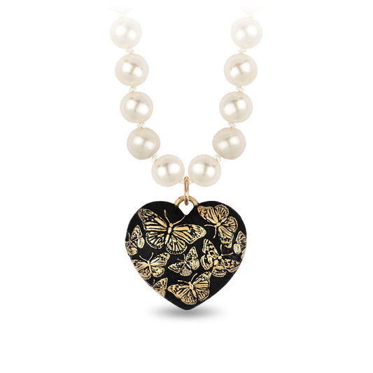 Butterfly 14K Gold Large Puffed Heart Talisman On Knotted Freshwater Pearl Necklace - Misc image 1