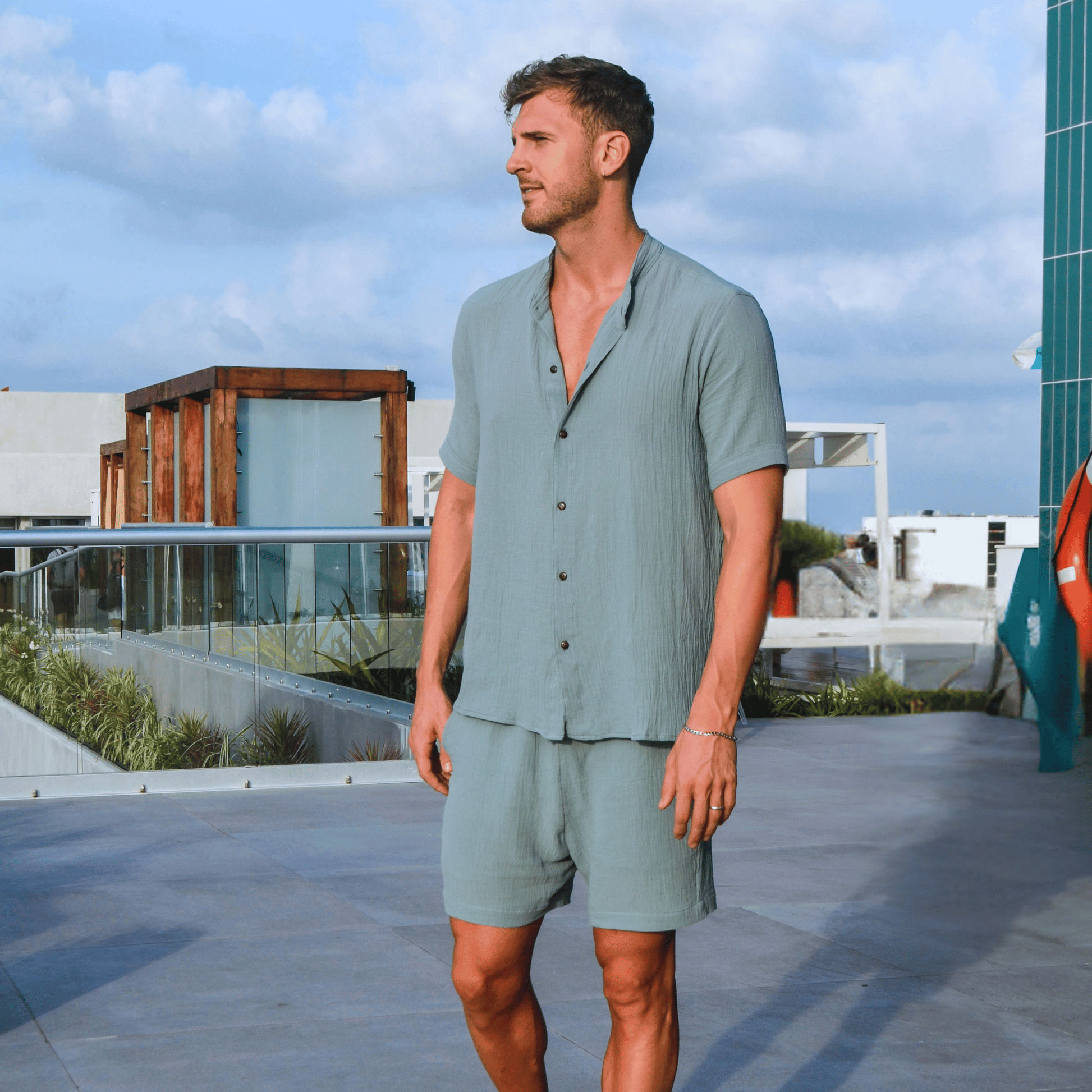 Men's Cotton Lounge Set – Mao Collar Shirt & Shorts - Misc image 2
