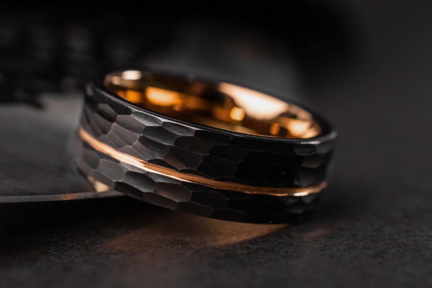 The Canopus: Hammered Black Tungsten with Rose Gold Core - Jewelry image 3