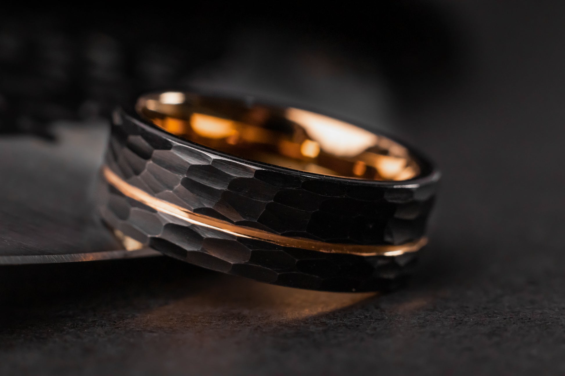 The Canopus: Hammered Black Tungsten with Rose Gold Core - Jewelry image 3