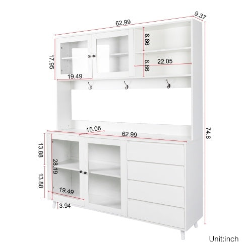 63W Large Kitchen Hutch Cabinet, Freestanding Pantry Cabinets Storage Kitchen Cupboard With 4 Doors, 4 Drawers & Microwave Shelf, White - Kitchen & Dining image 3