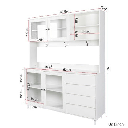 63W Large Kitchen Hutch Cabinet, Freestanding Pantry Cabinets Storage Kitchen Cupboard With 4 Doors, 4 Drawers & Microwave Shelf, White - Kitchen & Dining image 3