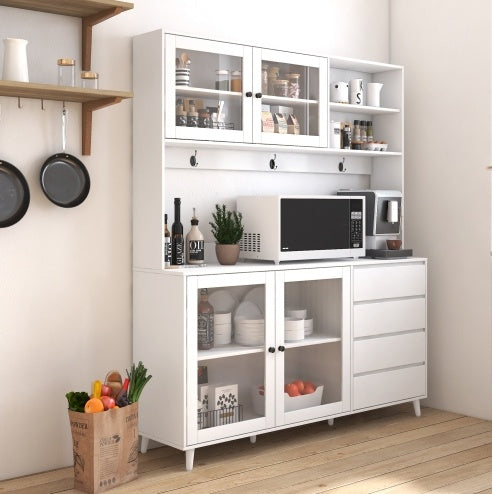 63W Large Kitchen Hutch Cabinet, Freestanding Pantry Cabinets Storage Kitchen Cupboard With 4 Doors, 4 Drawers & Microwave Shelf, White - Kitchen & Dining image 8