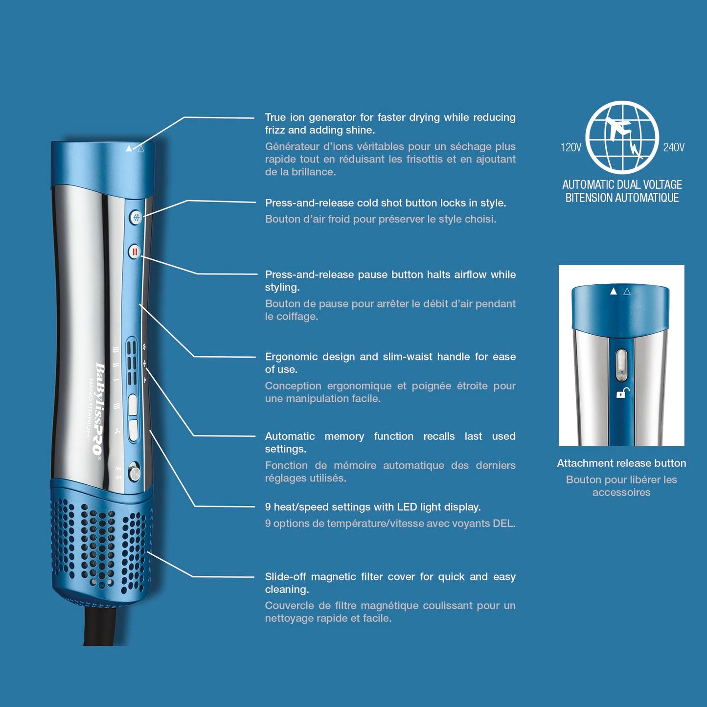 BaBylissPRO Nano Titanium Style/Switch Ionic 5 in 1 Multi-Styler & Hair Blow Dryer Attachments Include-Dryer, Paddle Brush, 1-3/4" Round Brush, Diffuser & Smoothing Attachment, Cold Shot, Hot Air Styler, Dual Voltage - Beauty image 10