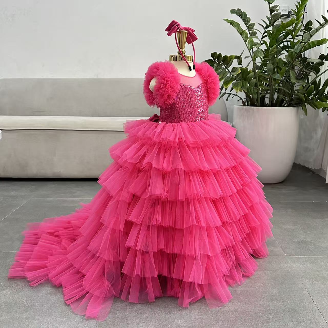 Puffy Long  Dress with Train: Hot Pink - Apparel image 2