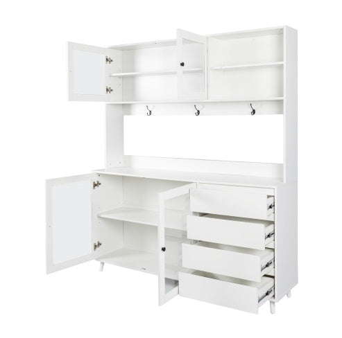 63W Large Kitchen Hutch Cabinet, Freestanding Pantry Cabinets Storage Kitchen Cupboard With 4 Doors, 4 Drawers & Microwave Shelf, White - Kitchen & Dining image 6