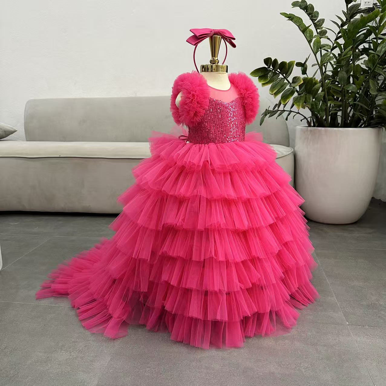 Puffy Long  Dress with Train: Hot Pink - Apparel image 4