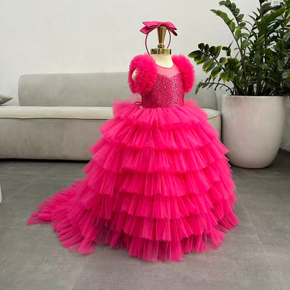 Puffy Long  Dress with Train: Hot Pink - Apparel image 4