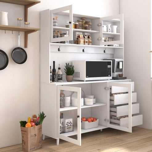 63W Large Kitchen Hutch Cabinet, Freestanding Pantry Cabinets Storage Kitchen Cupboard With 4 Doors, 4 Drawers & Microwave Shelf, White - Kitchen & Dining image 10