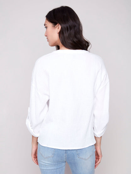 Bubble Cotton Blouse with Front Twist - White - Misc image 3
