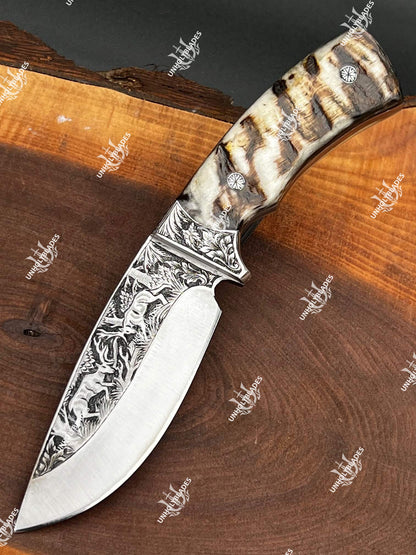 Custom Hand Engraved Knife With Ram Horn Handle - Kitchen & Dining image 2