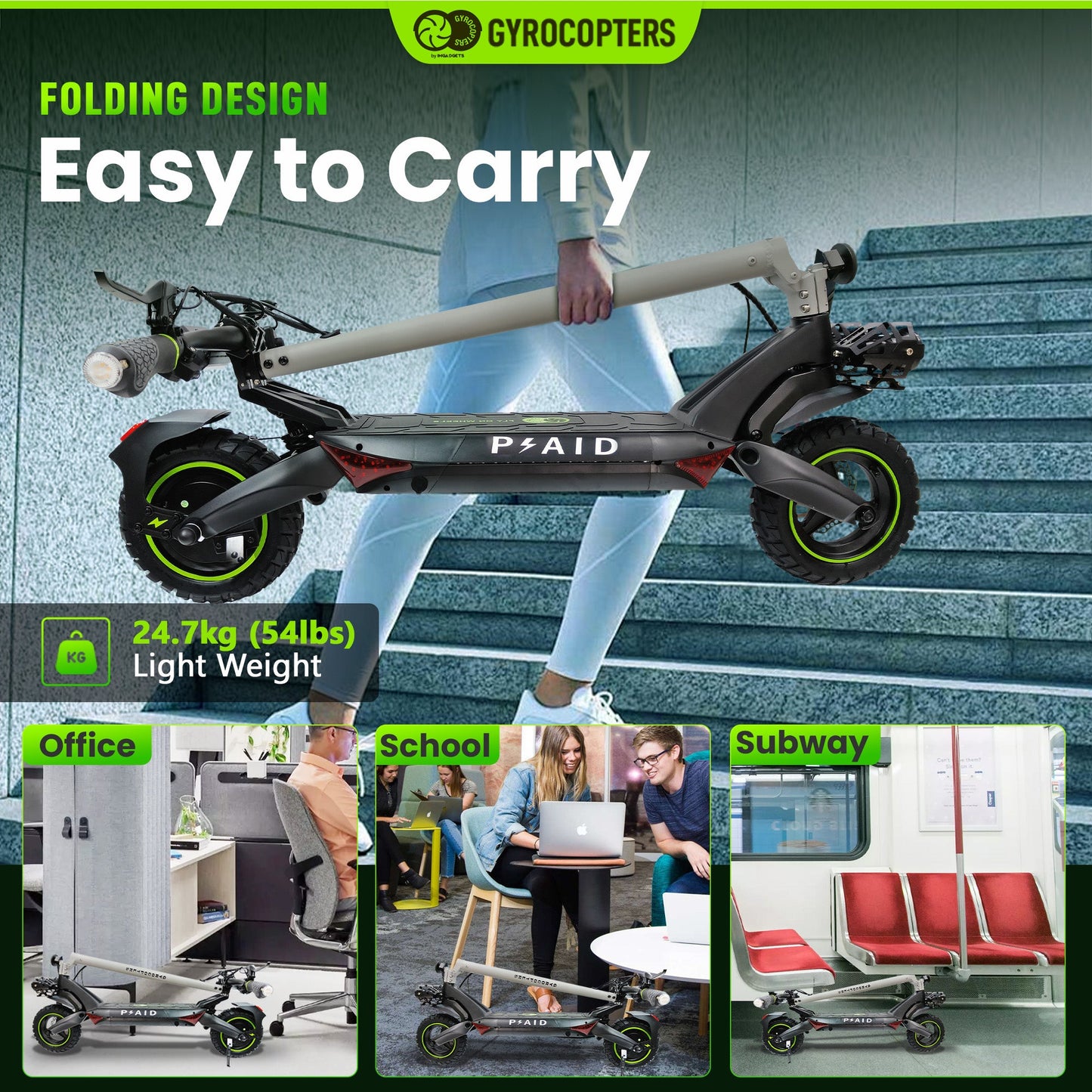 Gyrocopters Plaid Off Road Electric Scooter, 10” Tires, Speed Upto 42kmph/45kmph Long Range Upto 35Km/60km, Max Power 1000W Brushless Motor, Headlight, 360° Deck Light, Foldable Escooter, with App - Kitchen & Dining image 6