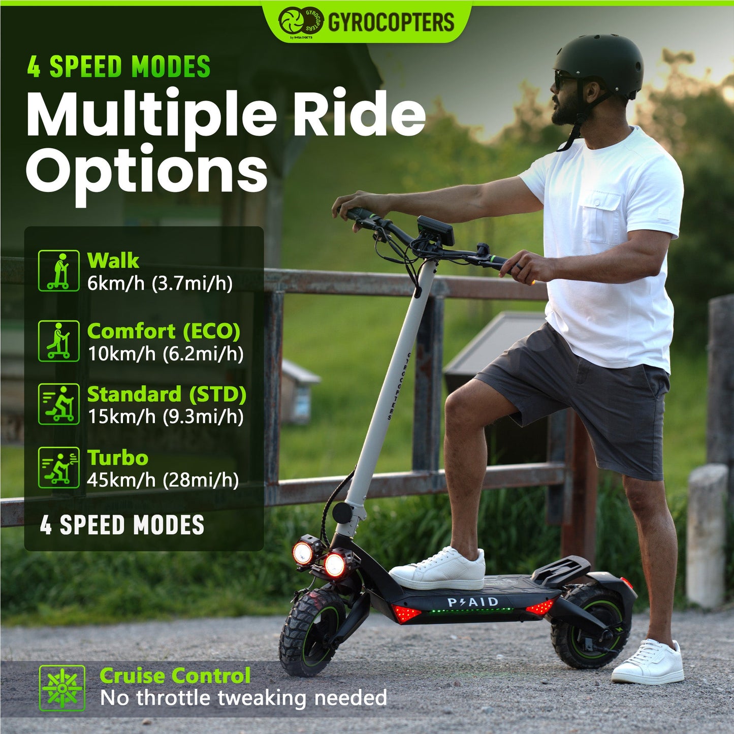 Gyrocopters Plaid Off Road Electric Scooter, 10” Tires, Speed Upto 42kmph/45kmph Long Range Upto 35Km/60km, Max Power 1000W Brushless Motor, Headlight, 360° Deck Light, Foldable Escooter, with App - Kitchen & Dining image 7