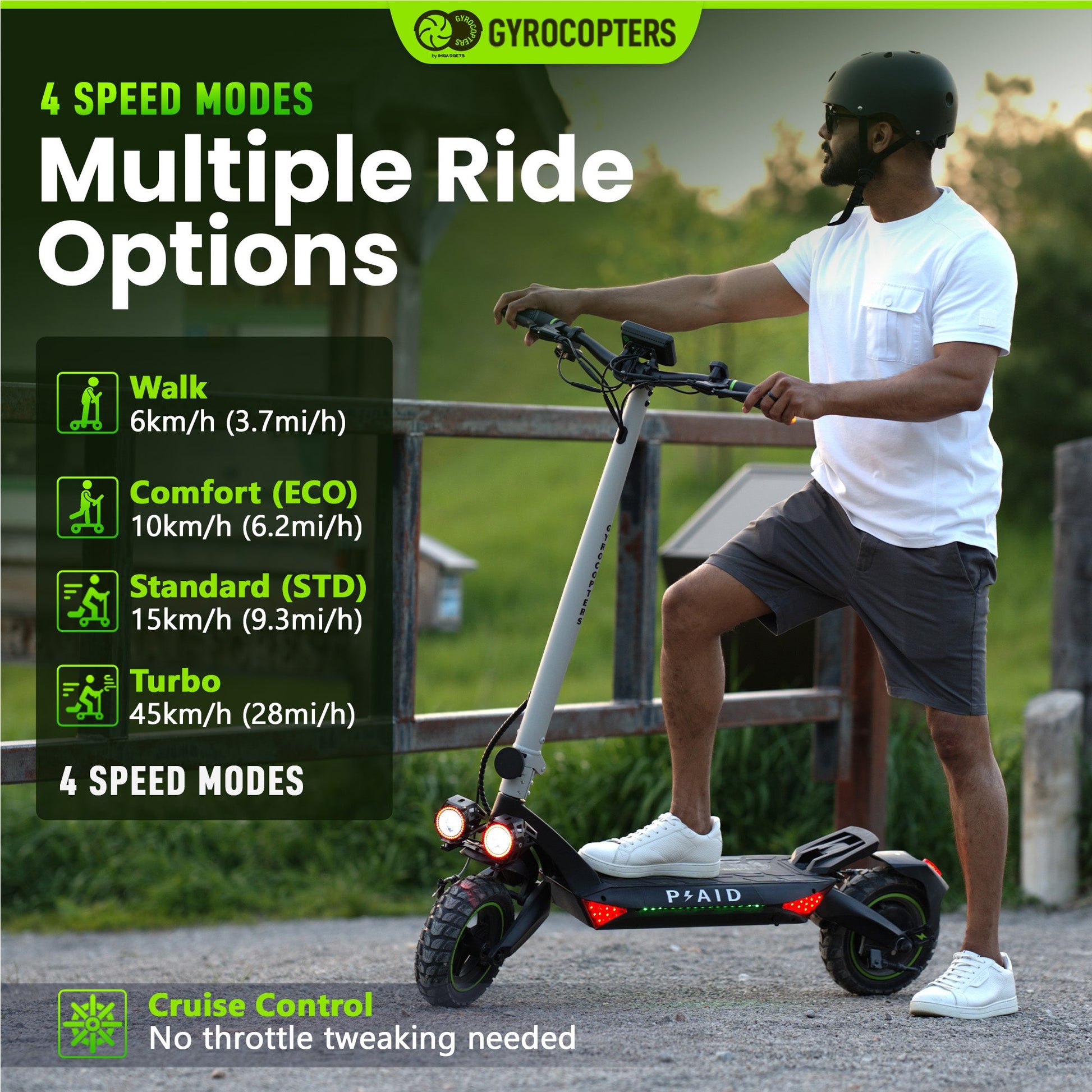 Gyrocopters Plaid Off Road Electric Scooter, 10” Tires, Speed Upto 42kmph/45kmph Long Range Upto 35Km/60km, Max Power 1000W Brushless Motor, Headlight, 360° Deck Light, Foldable Escooter, with App - Kitchen & Dining image 7