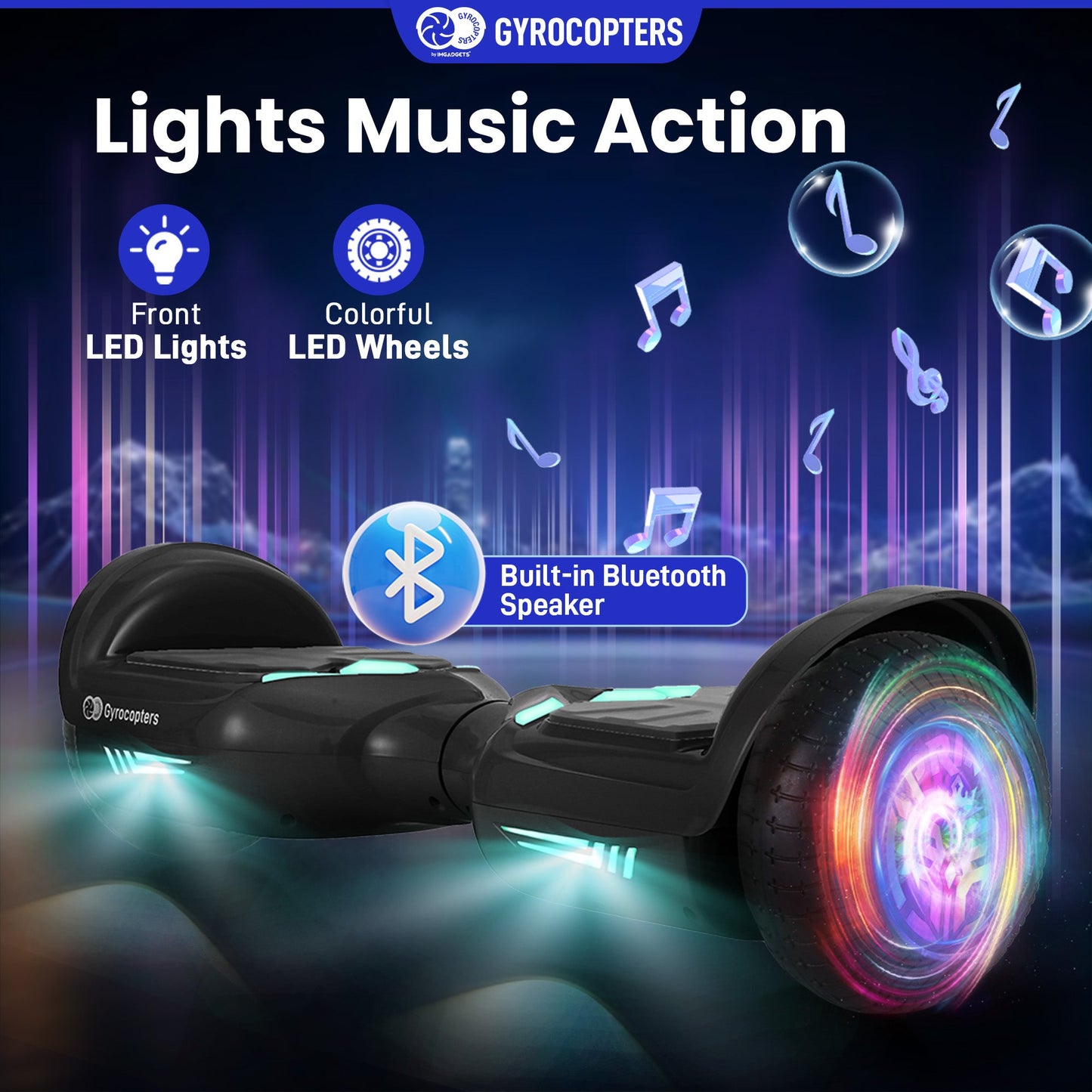 Gyrocopters Prime All New 2025 Hoverboard | Speed up to 15km/h | 300W Powerful Motor | 6.5” LED wheels | 165 lbs weight capacity | UL2272 certified with Wireless Music Speaker offering a range up to 8 km (BLACK) - Gadgets image 4