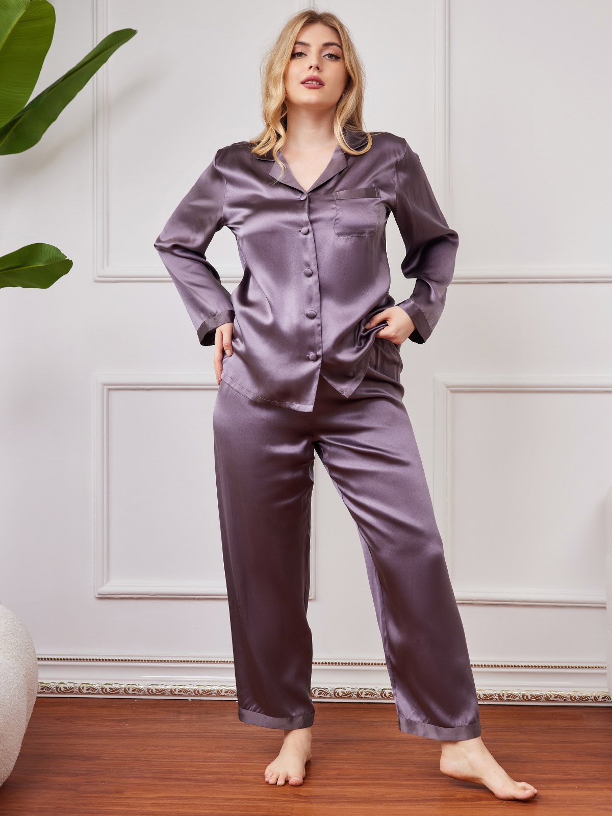 Plus Size Pure Silk Button-Up Women’s Pajamas - Misc image 28