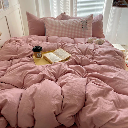 Solid INS Style Bedding Set For adults kids pink cotton fitted Flat Sheet With Pillowcases Colorful King Queen Full size - Bedding image 4