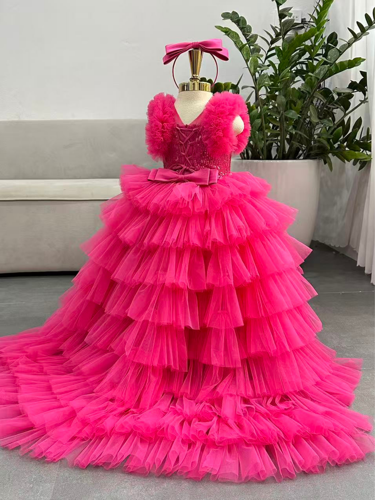 Puffy Long  Dress with Train: Hot Pink - Apparel image 1