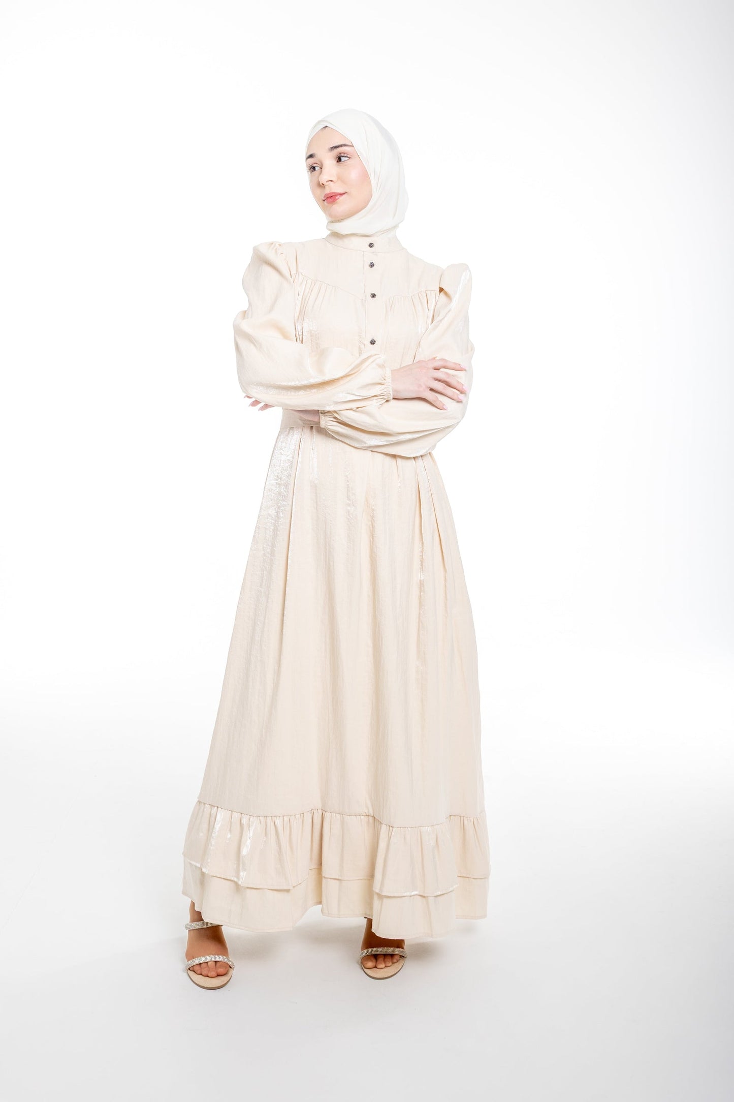 Soraya Modest Ruffle Hem Dress  | Champagne Beige - Accessories image 1