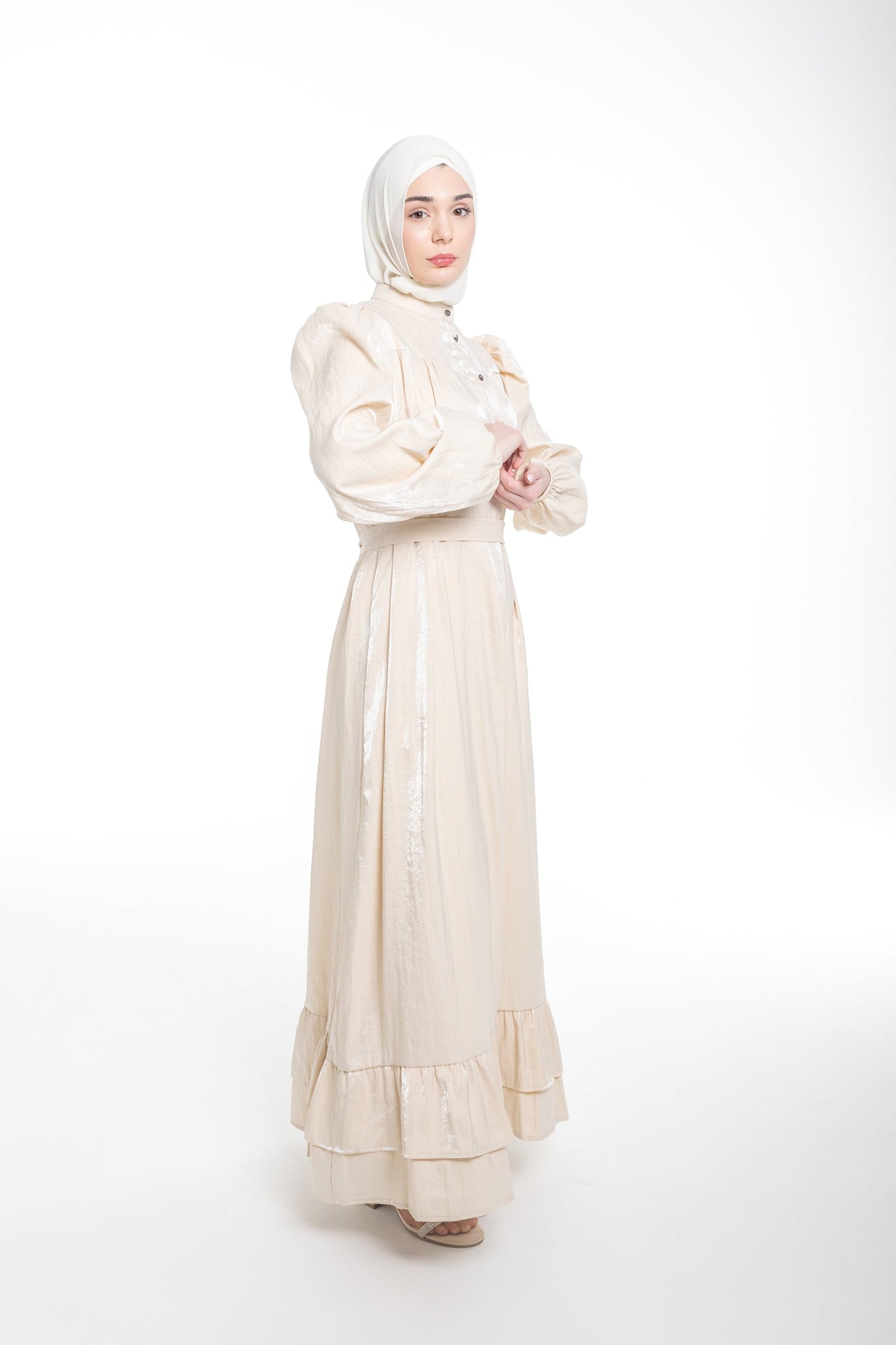 Soraya Modest Ruffle Hem Dress  | Champagne Beige - Accessories image 2