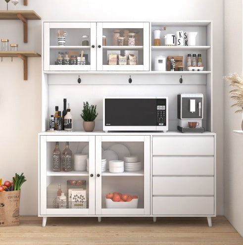 63W Large Kitchen Hutch Cabinet, Freestanding Pantry Cabinets Storage Kitchen Cupboard With 4 Doors, 4 Drawers & Microwave Shelf, White - Kitchen & Dining image 1