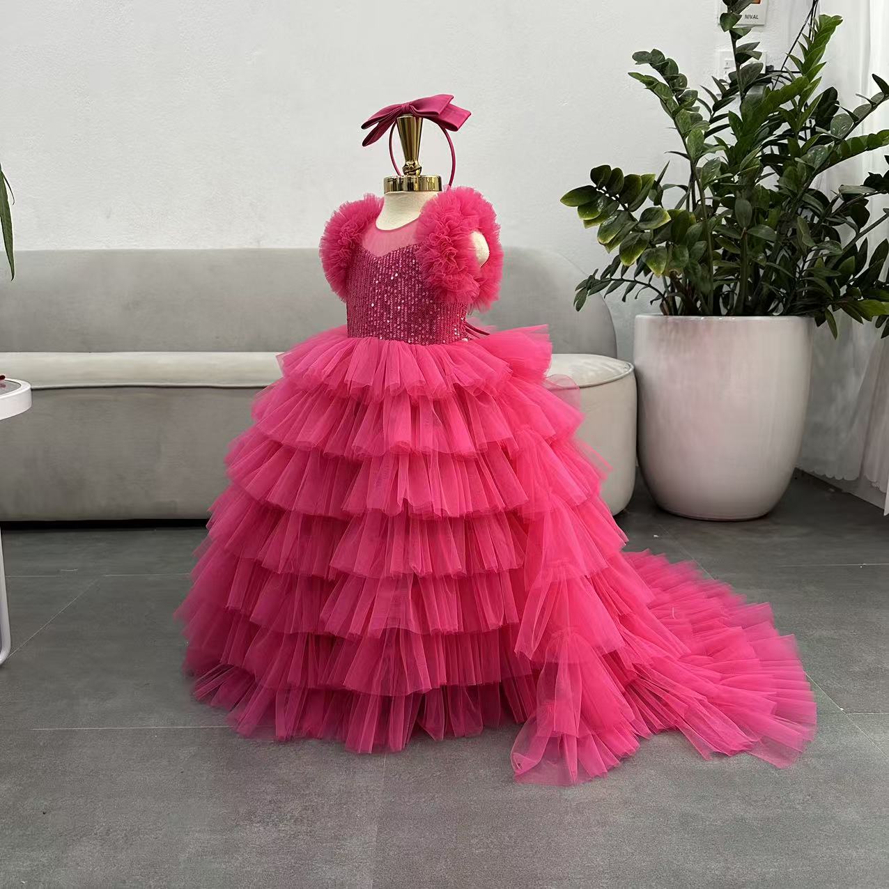 Puffy Long  Dress with Train: Hot Pink - Apparel image 5