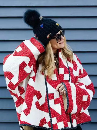 Pam's Red Geometric Printed Lose Thin Quilted Jacket - Apparel image 1