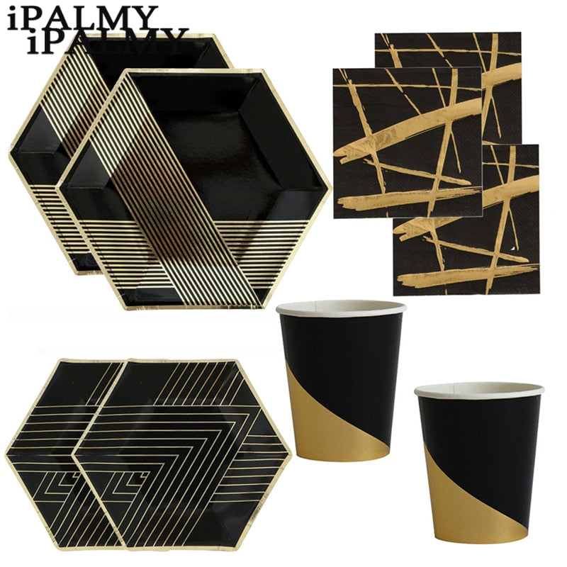 Metallic Gold & Black Paper Party Cups Plates Napkins - Kitchen & Dining image 1