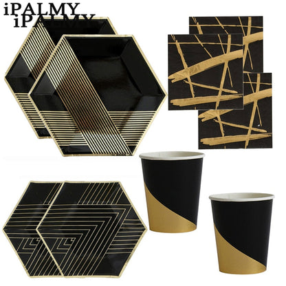 Metallic Gold & Black Paper Party Cups Plates Napkins - Kitchen & Dining image 1