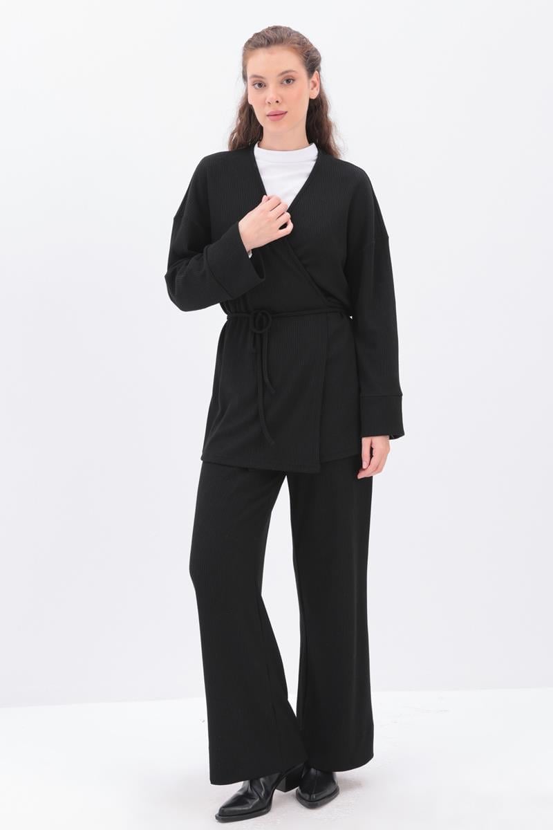 Knitted Wrap-Style Wide-Leg Set | Black - Apparel image 1